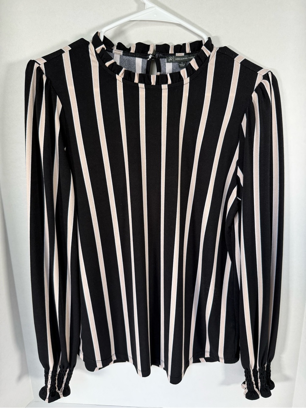 Adrianna Papell Black and Cream Vertical Stripe Ruffle-Neck Long Sleeve Top
